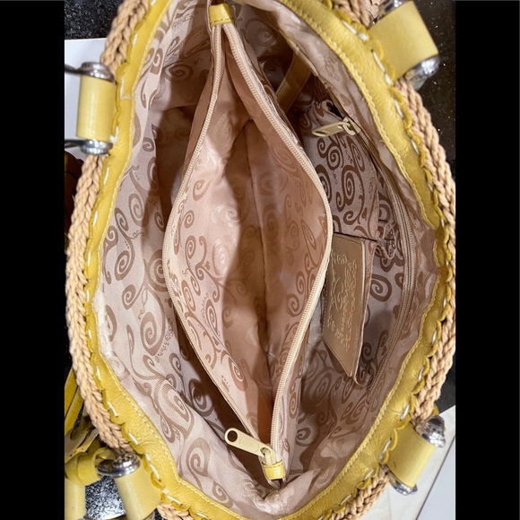 BRIGHTON YELLOW LEATHER BUTTERFLY ON THICK JUTE SHOULDER BAG PURSE - Picture 14 of 16